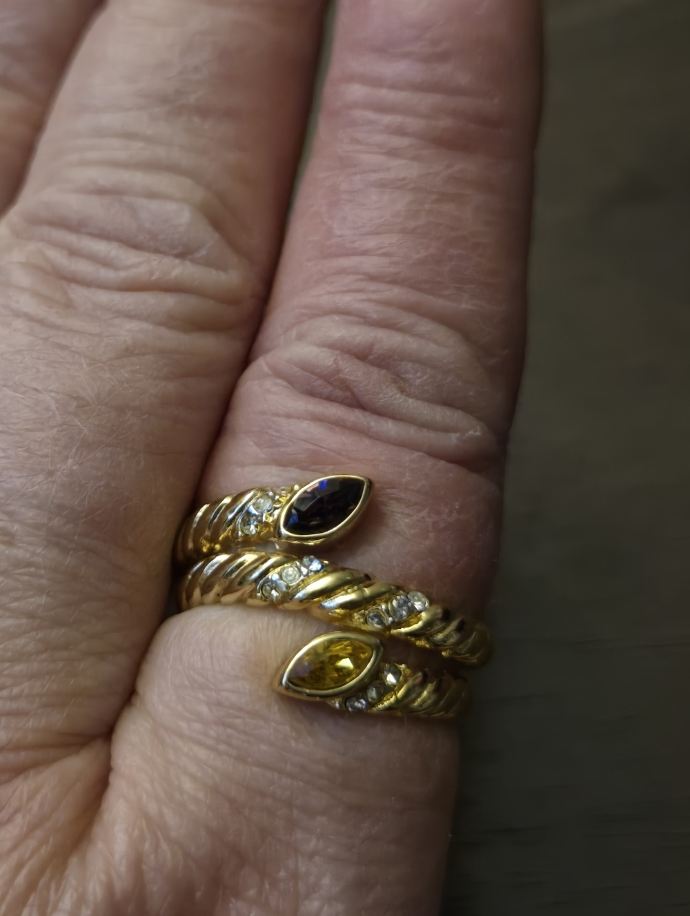 18K GE Gold Tone Wrap Ring Amber Purple Rhinestone Statement Ring